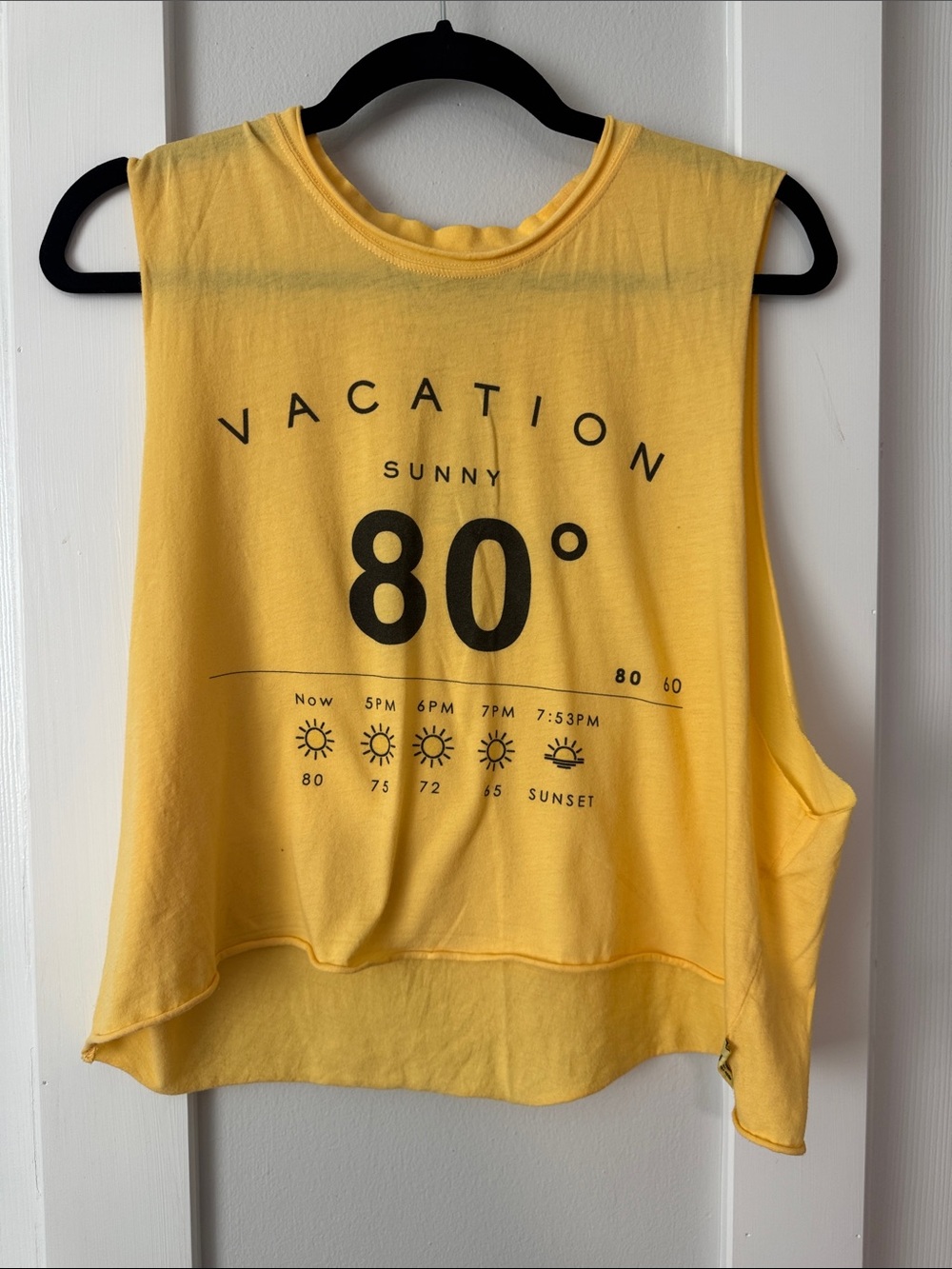 The Laundry Room Yellow 'VACATION” Forecast Graphic Muscle Tee